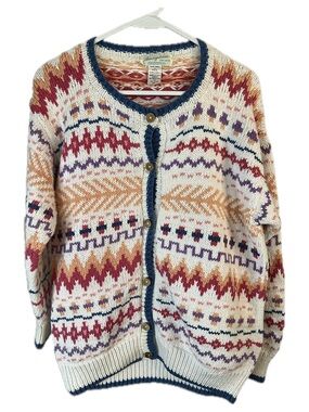 Amazonias Vintage Hand knit Cream Multicolor Fair Isle Cardigan with Navy Trim